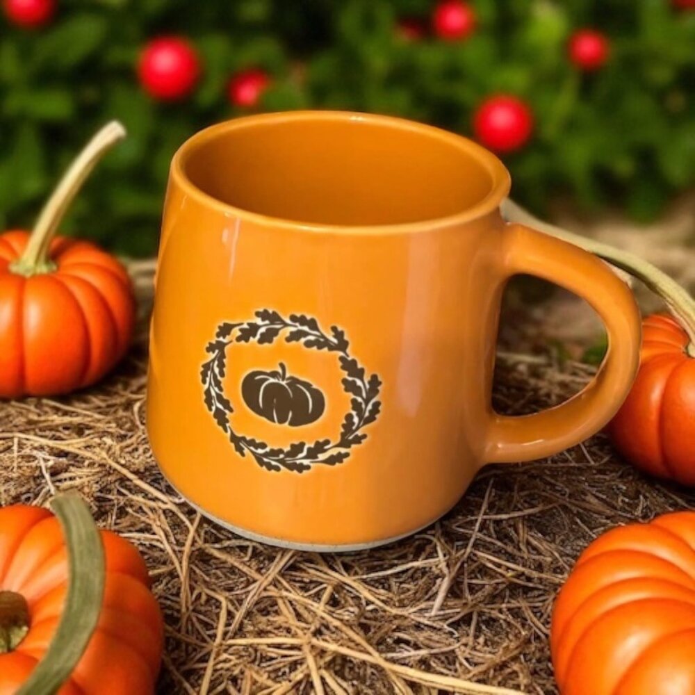 Walgreens Pumpkin Leaf Wreath Mug Orange Stoneware Coffee Cup 4" Wide 3.75" Tall